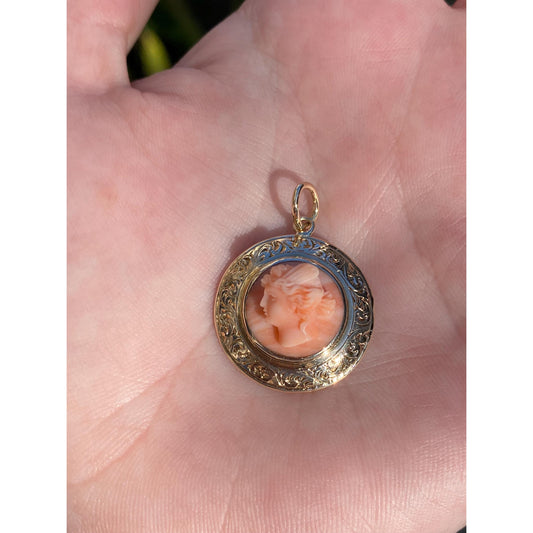Vintage Solid 10k Yellow Gold Coral Cameo Charm