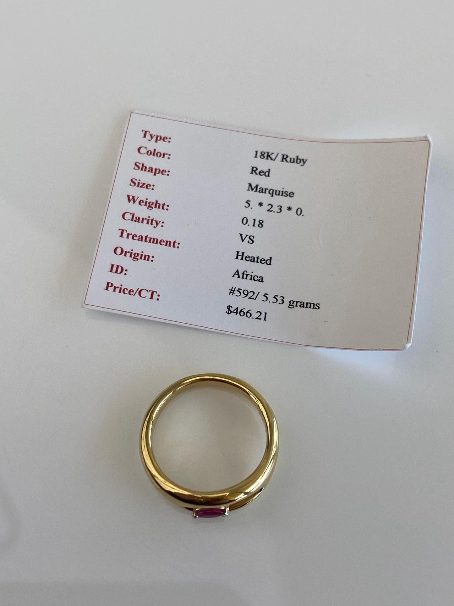 Vintage Solid 18k Yellow Gold Marquise Ruby Ring Band - Size 6