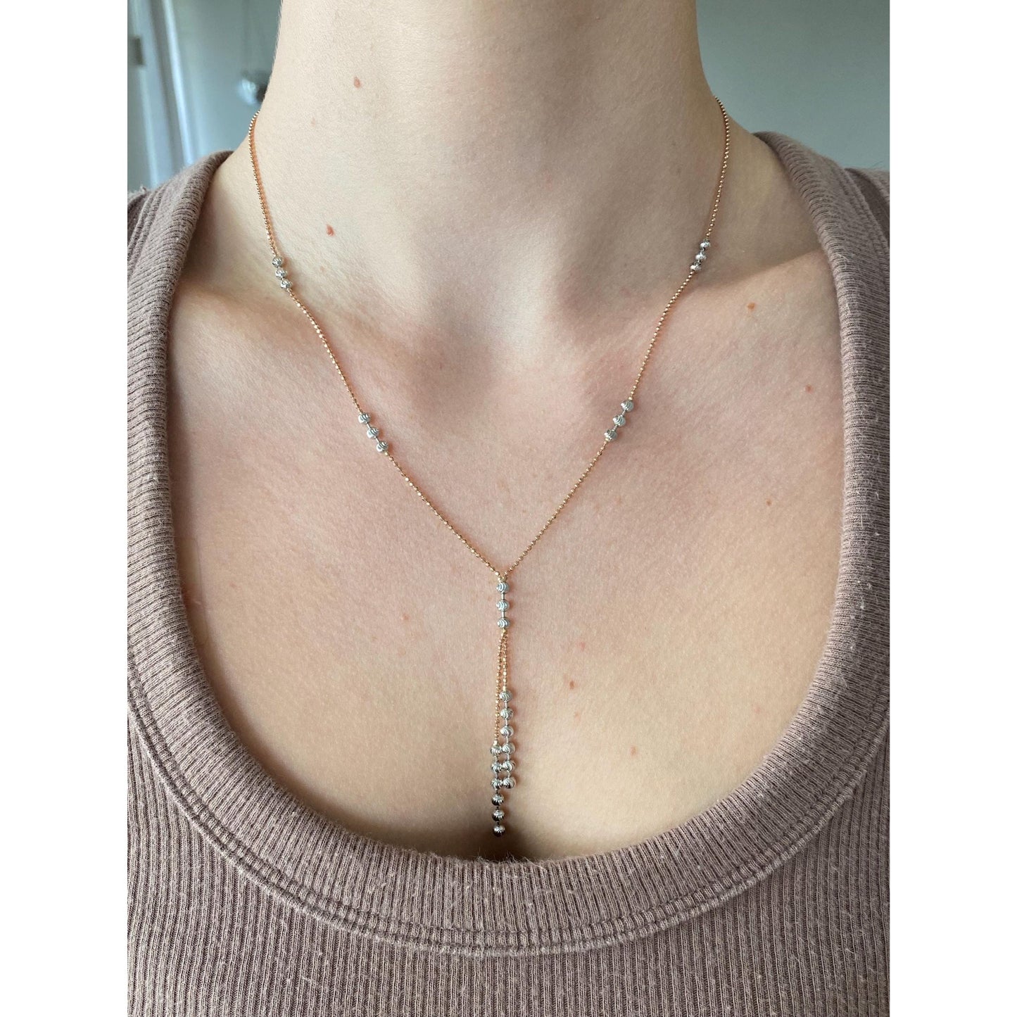 Vintage Solid 14k Rose & White Gold Moon Cut Beaded Chain Necklace - 18.25 inches