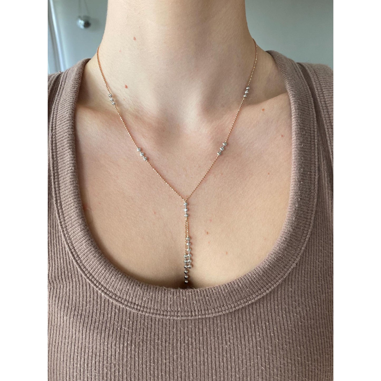 Vintage Solid 14k Rose & White Gold Moon Cut Beaded Chain Necklace - 18.25 inches