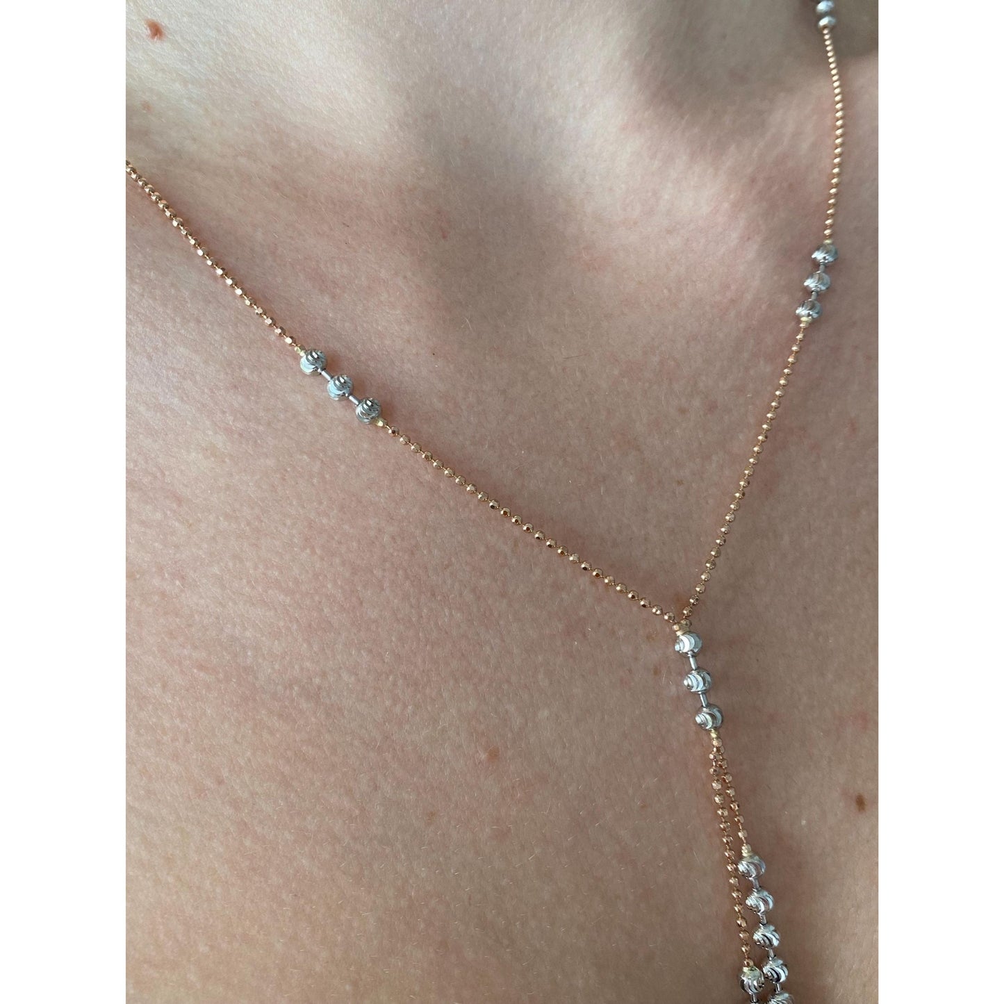 Vintage Solid 14k Rose & White Gold Moon Cut Beaded Chain Necklace - 18.25 inches