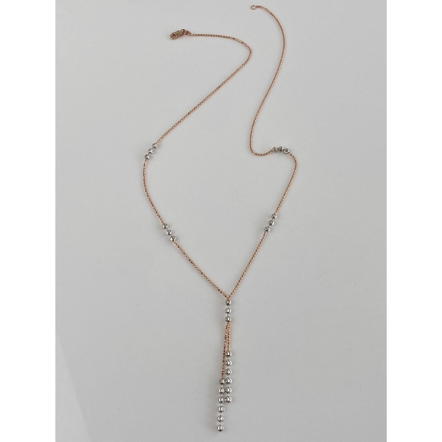 Vintage Solid 14k Rose & White Gold Moon Cut Beaded Chain Necklace - 18.25 inches