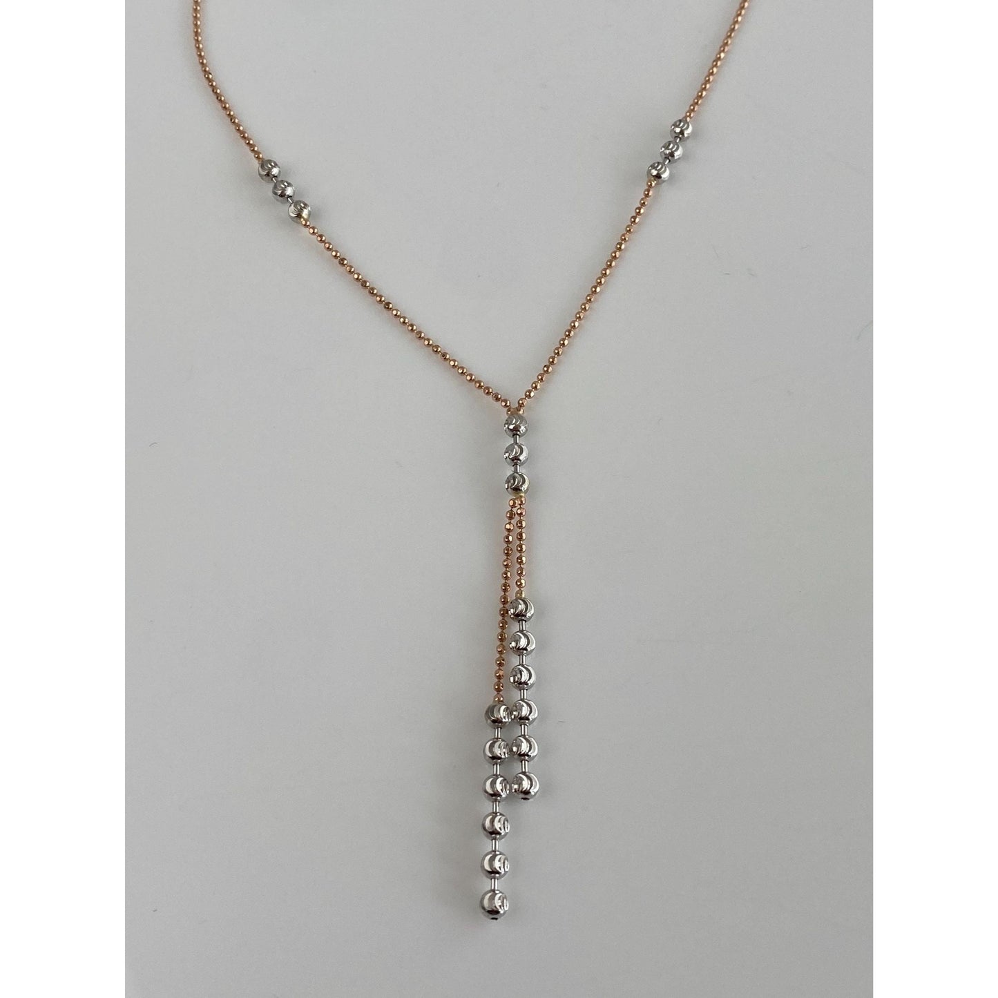 Vintage Solid 14k Rose & White Gold Moon Cut Beaded Chain Necklace - 18.25 inches