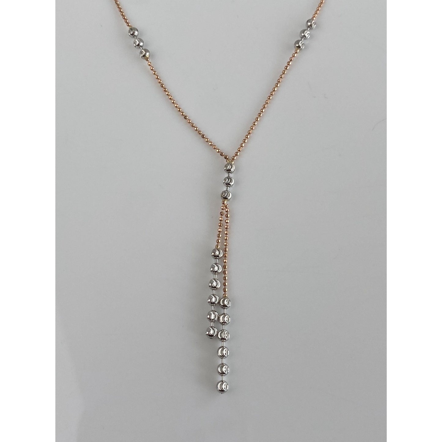 Vintage Solid 14k Rose & White Gold Moon Cut Beaded Chain Necklace - 18.25 inches