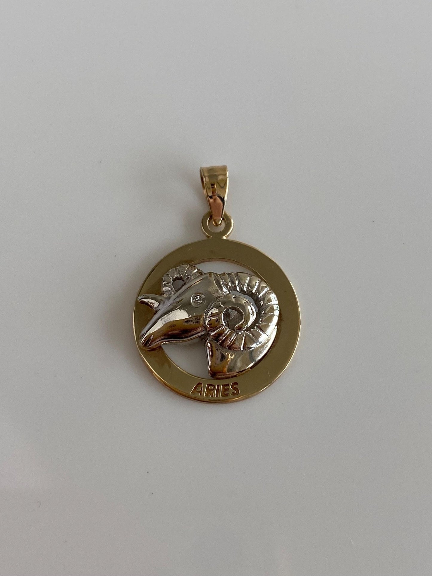 Vintage Solid 10k White & Yellow Gold Diamond Eye Ram Aries Zodiac Charm
