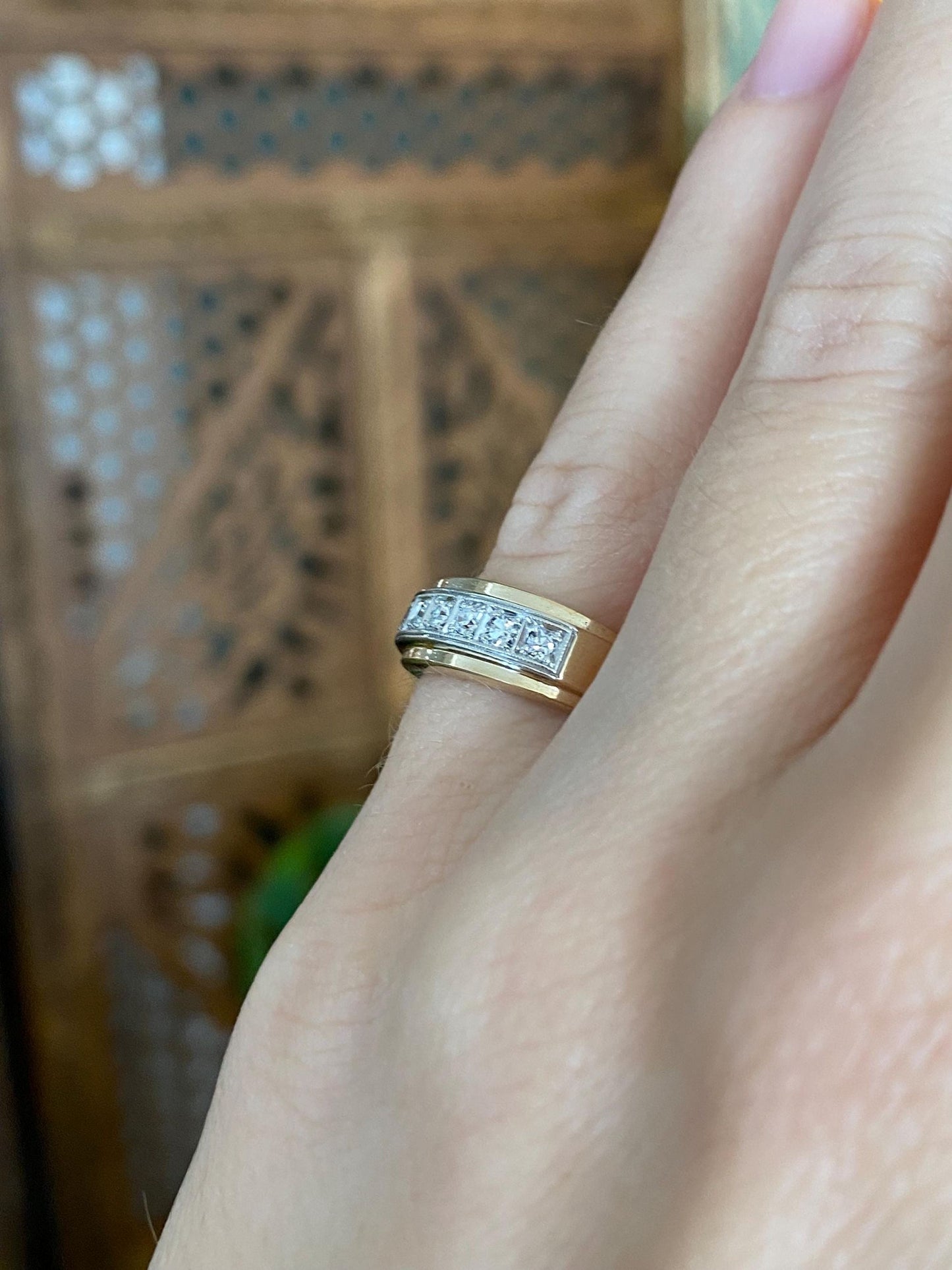 Vintage Solid 14k Yellow Gold & Platinum Diamond Ring Band - Size 4.25