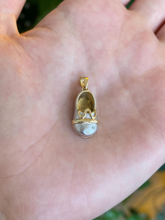 Vintage Solid 14k White & Yellow Gold Diamond Dotted Baby Shoe Charm