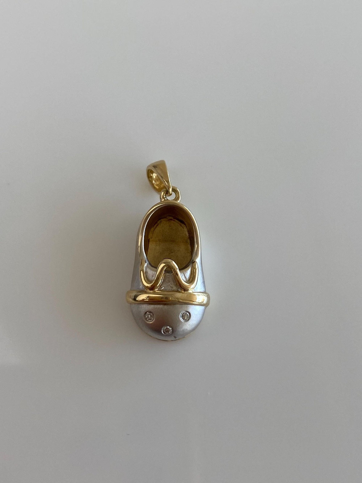 Vintage Solid 14k White & Yellow Gold Diamond Dotted Baby Shoe Charm