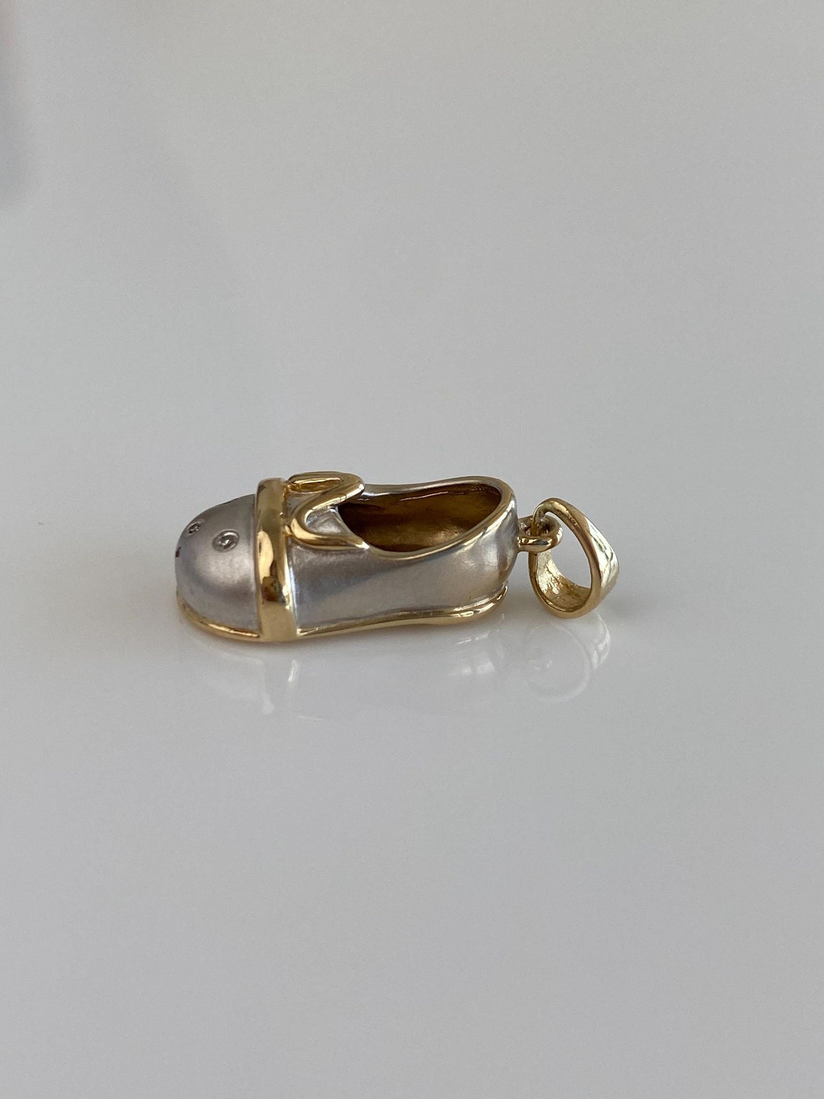 Vintage Solid 14k White & Yellow Gold Diamond Dotted Baby Shoe Charm