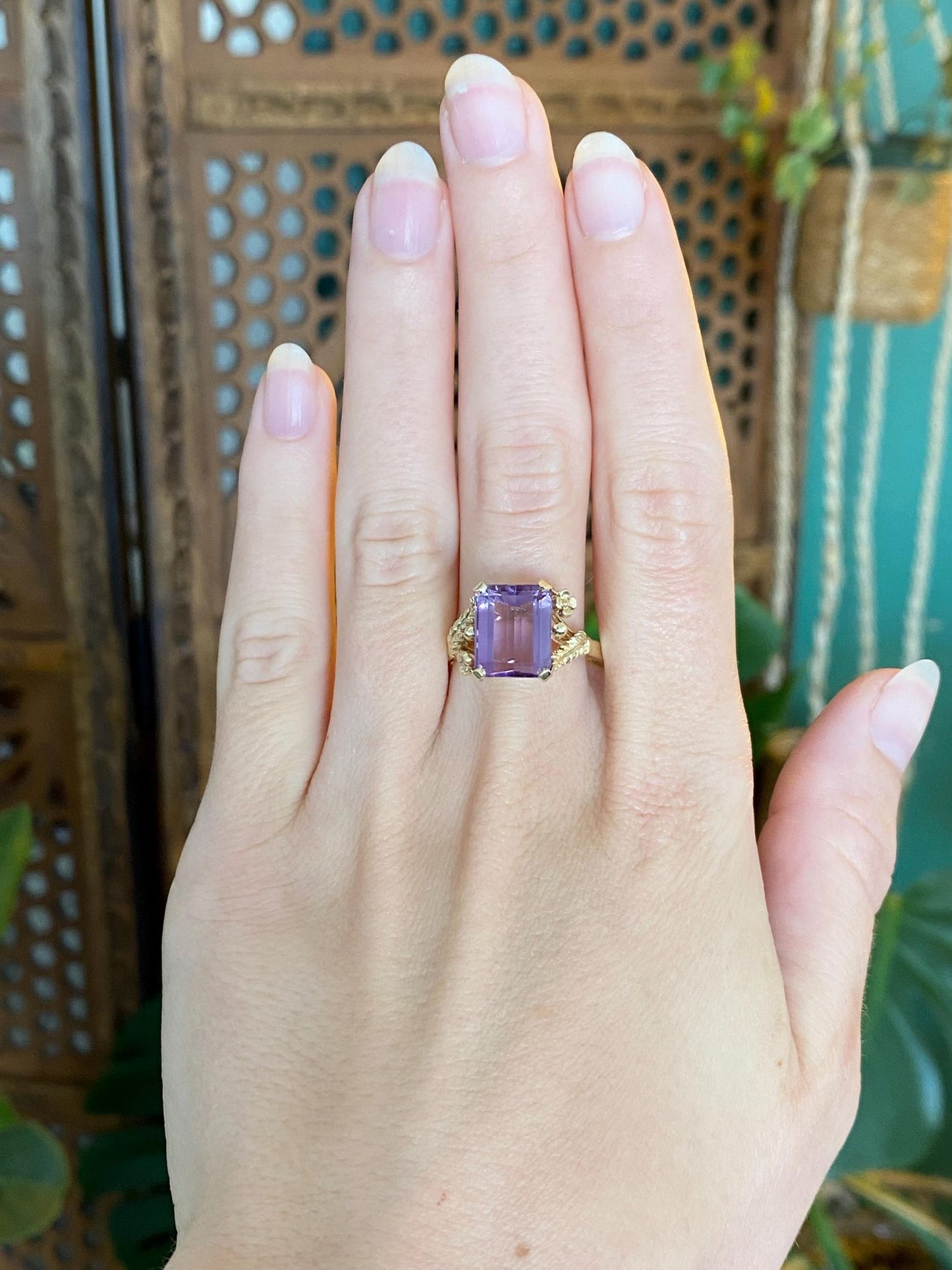 Vintage Solid 14k Yellow Gold Amethyst Flowers Ring - Size 10