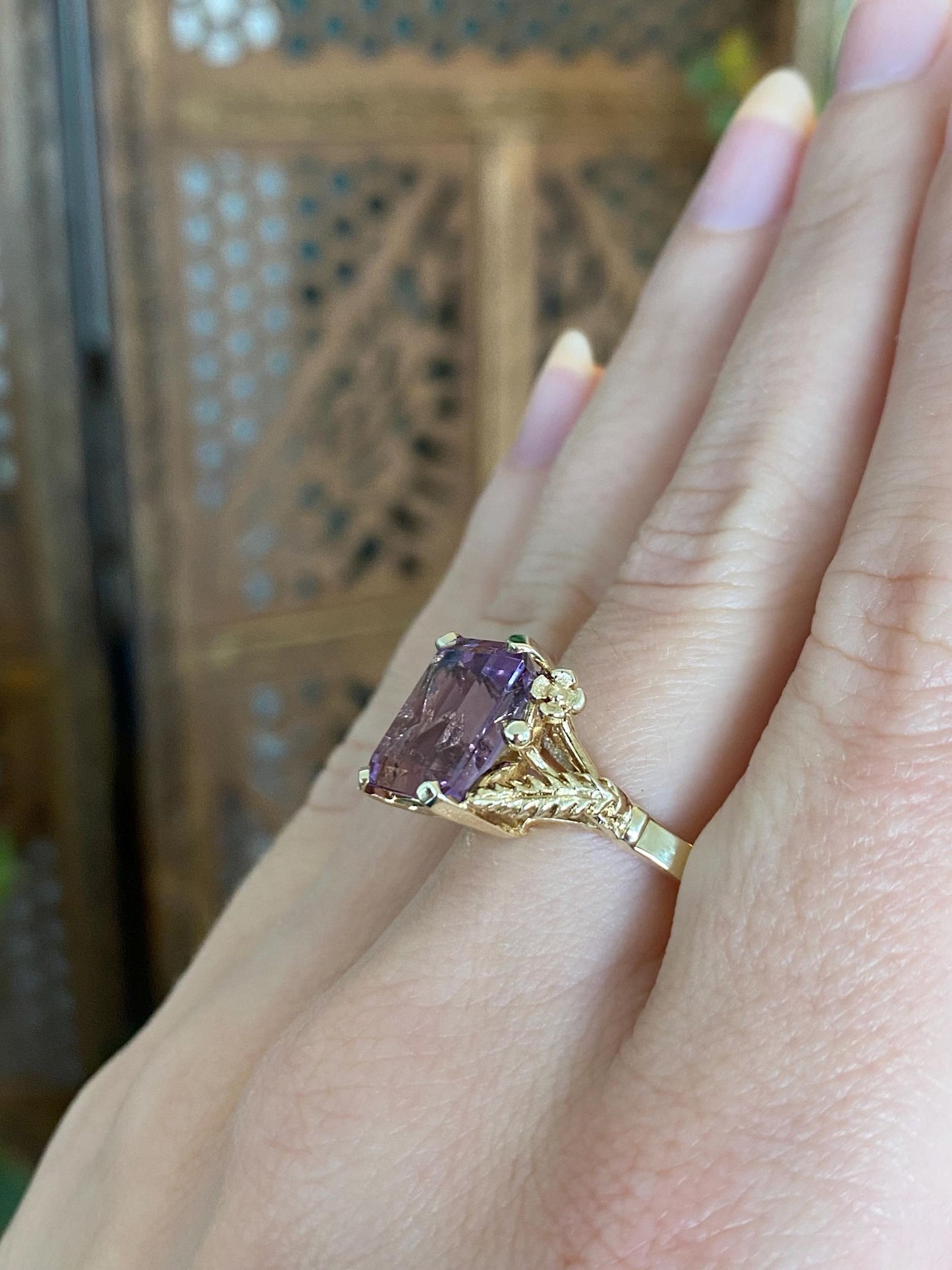 Vintage Solid 14k Yellow Gold Amethyst Flowers Ring - Size 10
