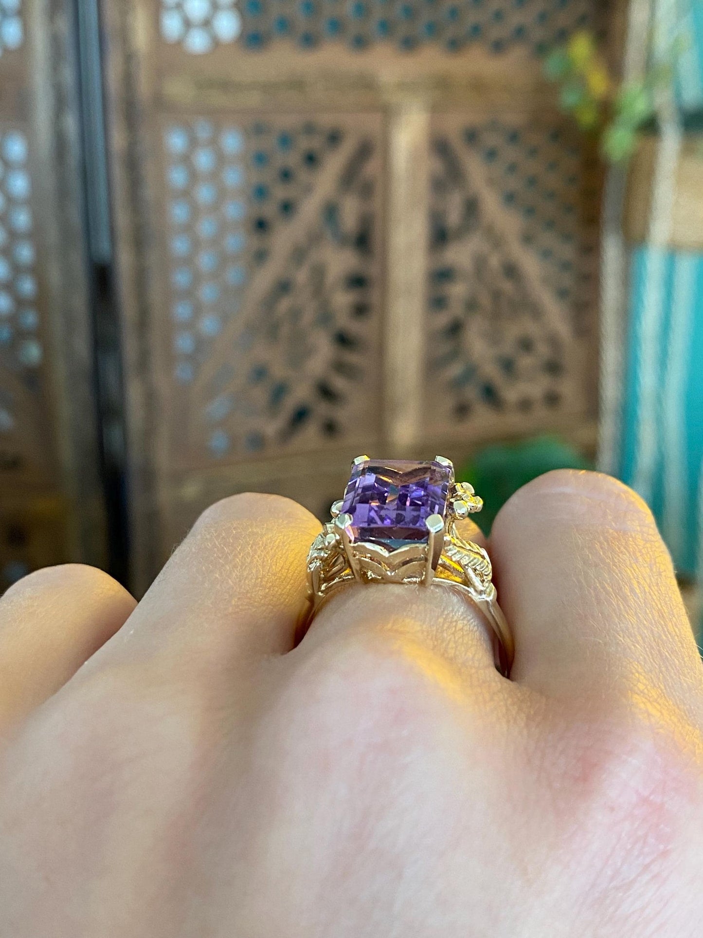 Vintage Solid 14k Yellow Gold Amethyst Flowers Ring - Size 10