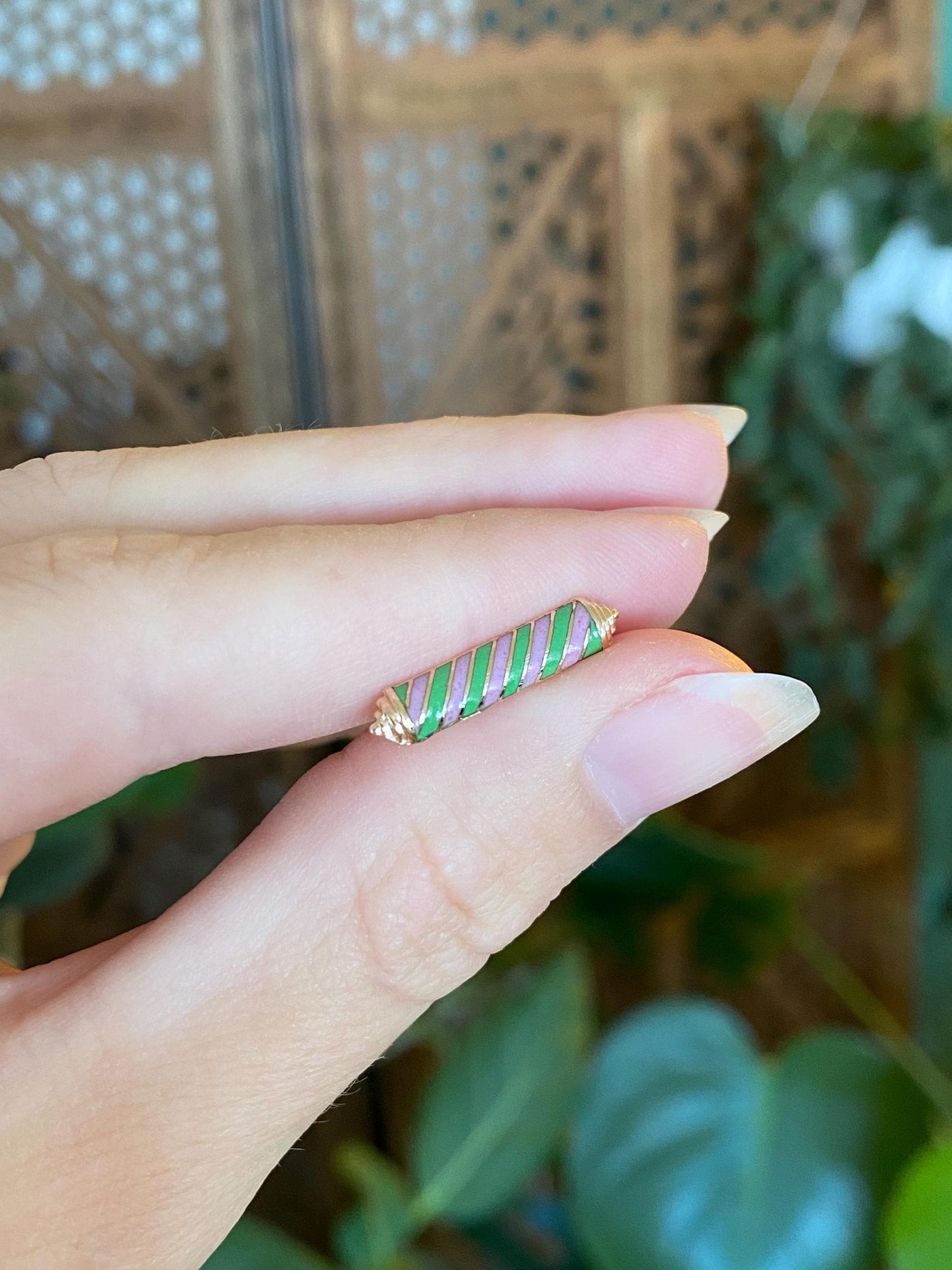 Vintage Solid 10k Yellow Gold Pink Green Enamel Striped Pin