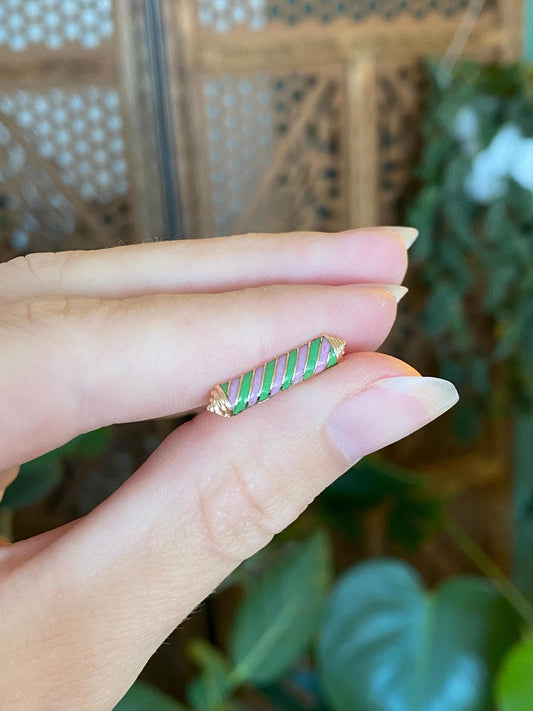 Vintage Solid 10k Yellow Gold Pink Green Enamel Striped Pin
