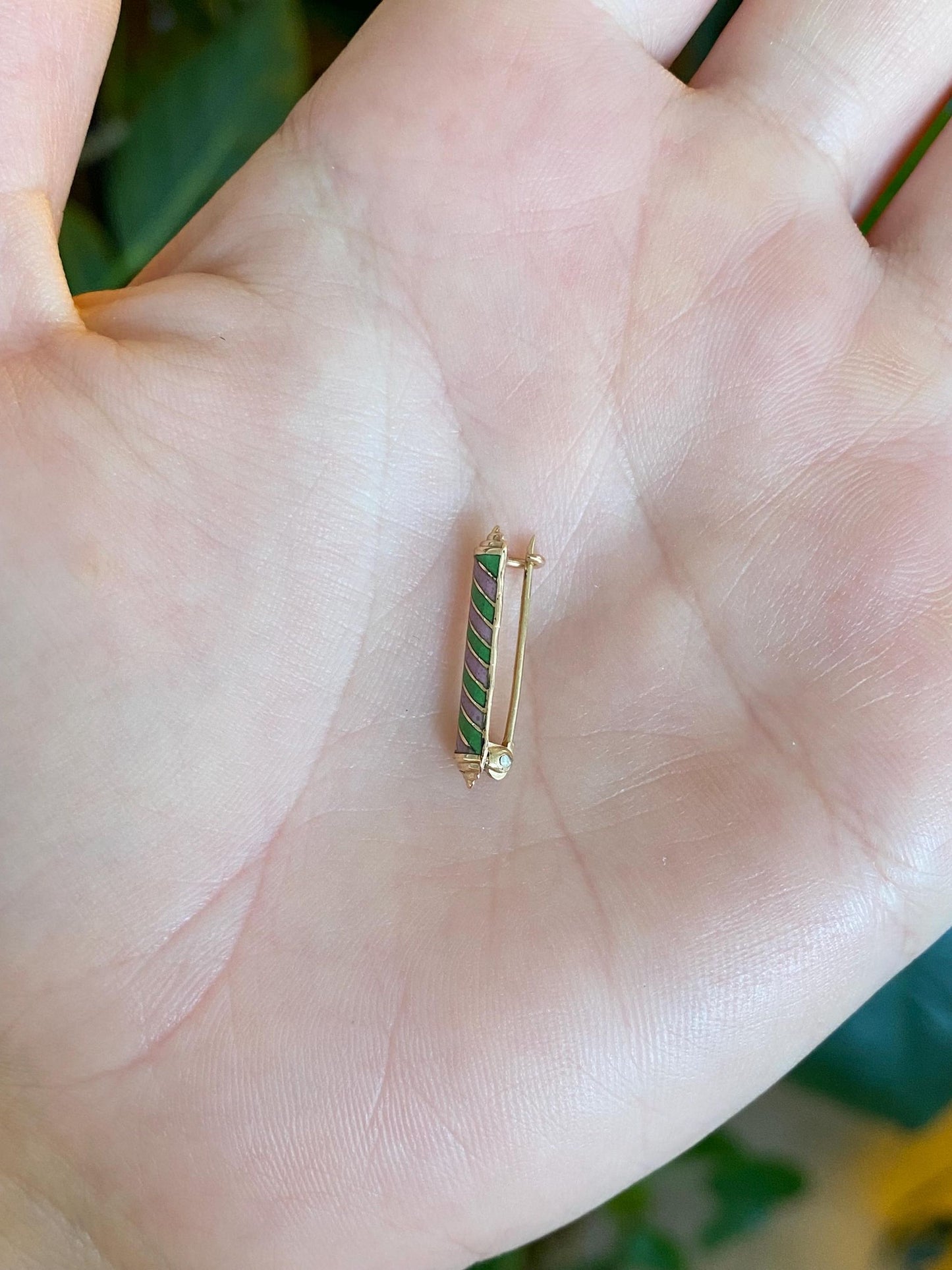 Vintage Solid 10k Yellow Gold Pink Green Enamel Striped Pin