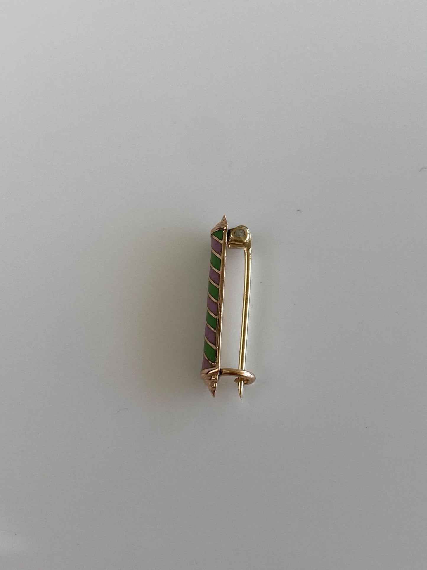 Vintage Solid 10k Yellow Gold Pink Green Enamel Striped Pin