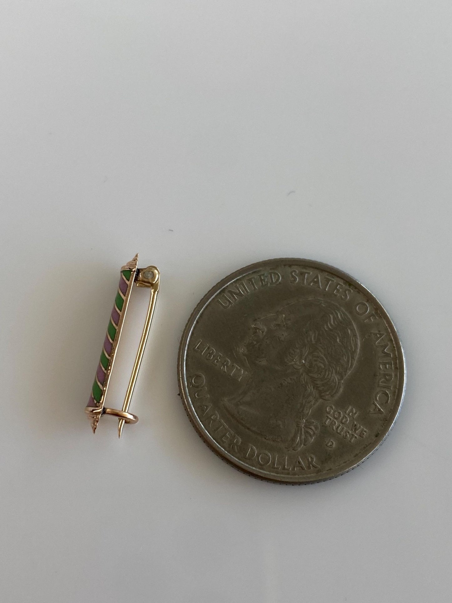 Vintage Solid 10k Yellow Gold Pink Green Enamel Striped Pin