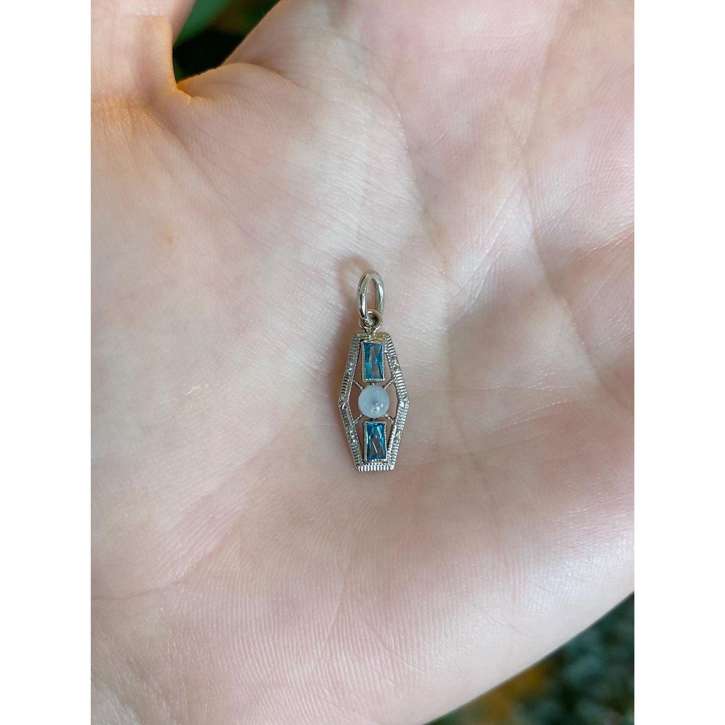 Vintage Solid 10k White Gold Light Blue Cubic Zirconia Clear Bead Charm