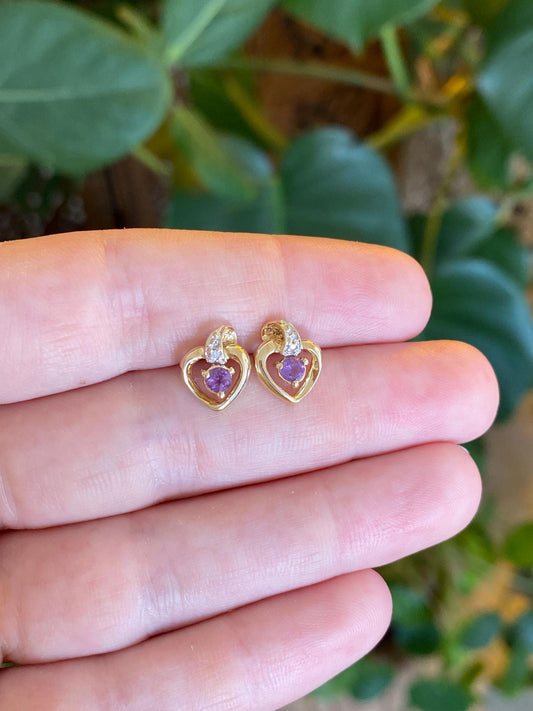 Vintage Solid 14k White & Yellow Gold Diamond Amethyst Heart Stud Earrings