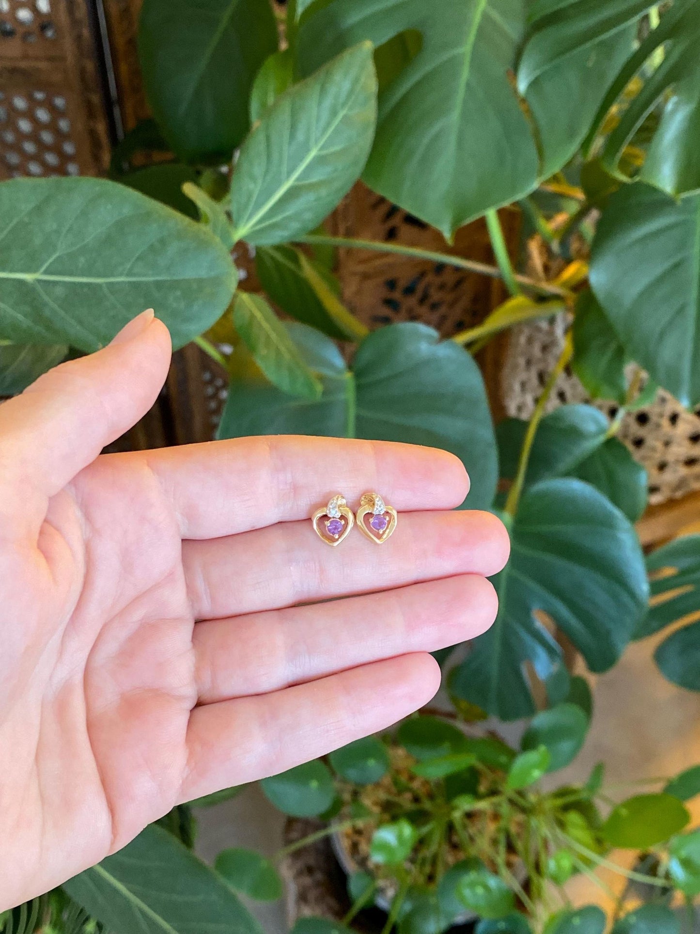 Vintage Solid 14k White & Yellow Gold Diamond Amethyst Heart Stud Earrings