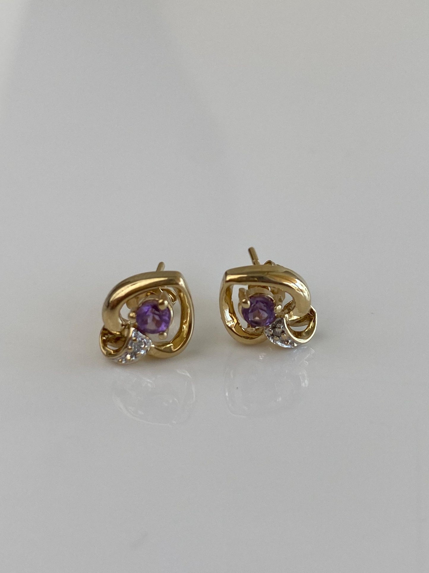 Vintage Solid 14k White & Yellow Gold Diamond Amethyst Heart Stud Earrings