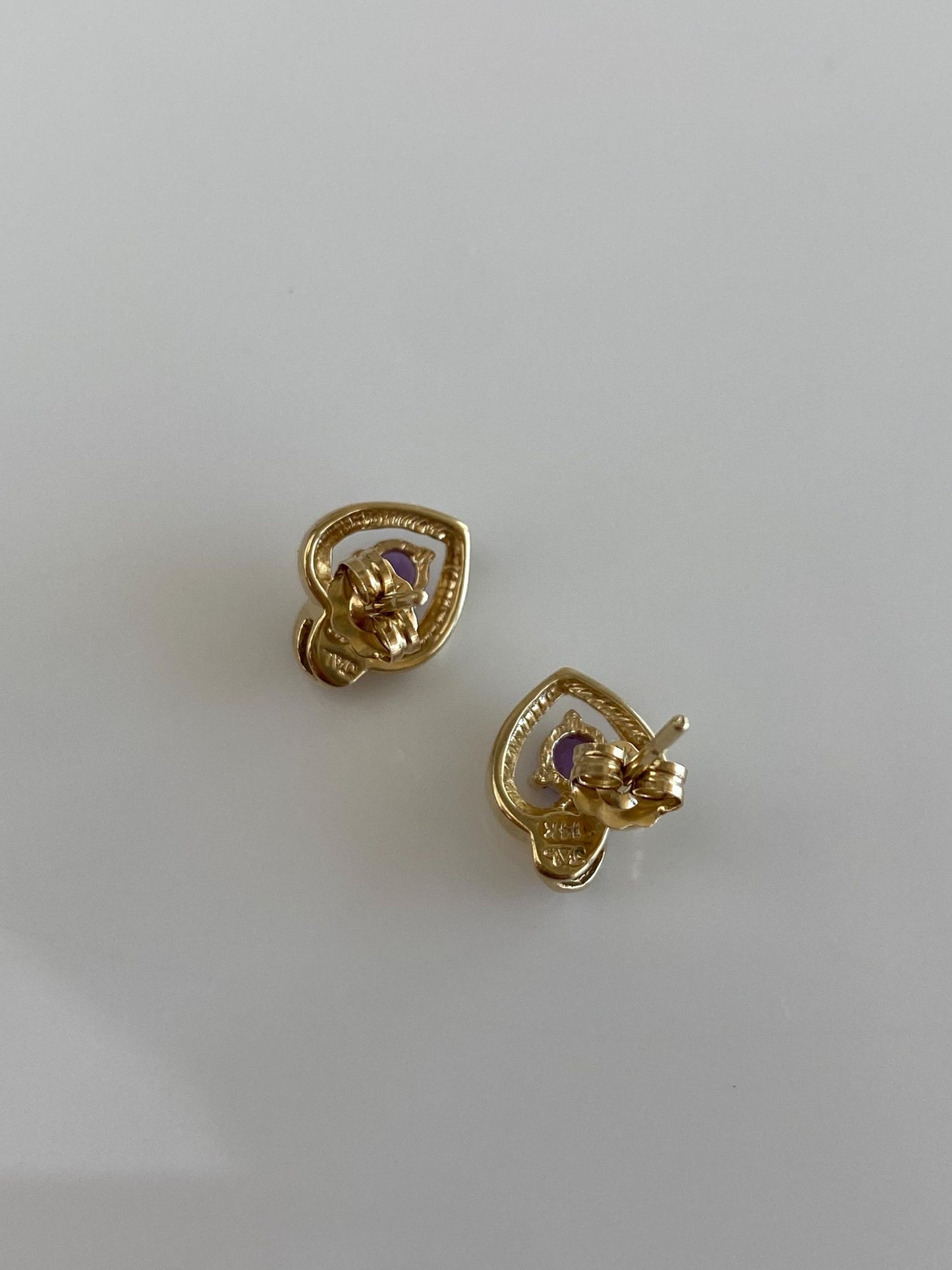 Vintage Solid 14k White & Yellow Gold Diamond Amethyst Heart Stud Earrings