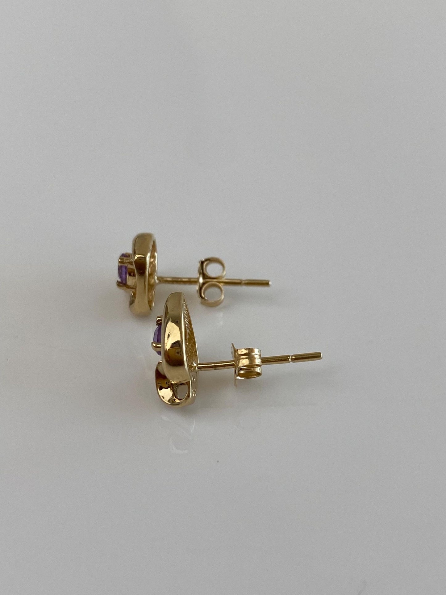 Vintage Solid 14k White & Yellow Gold Diamond Amethyst Heart Stud Earrings