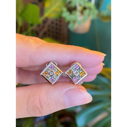 Solid 14k White Gold Diamond Colored Sapphire Square Stud Earrings