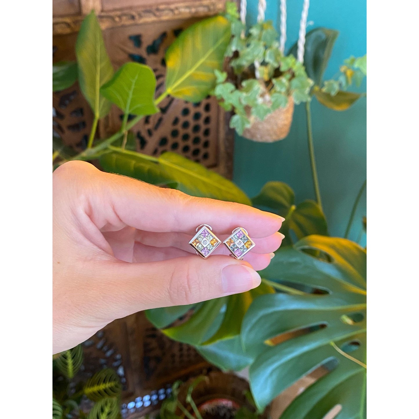 Solid 14k White Gold Diamond Colored Sapphire Square Stud Earrings