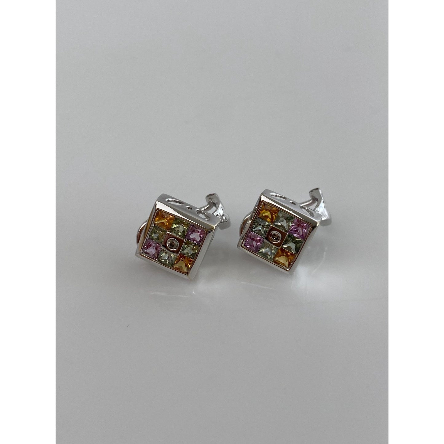 Solid 14k White Gold Diamond Colored Sapphire Square Stud Earrings