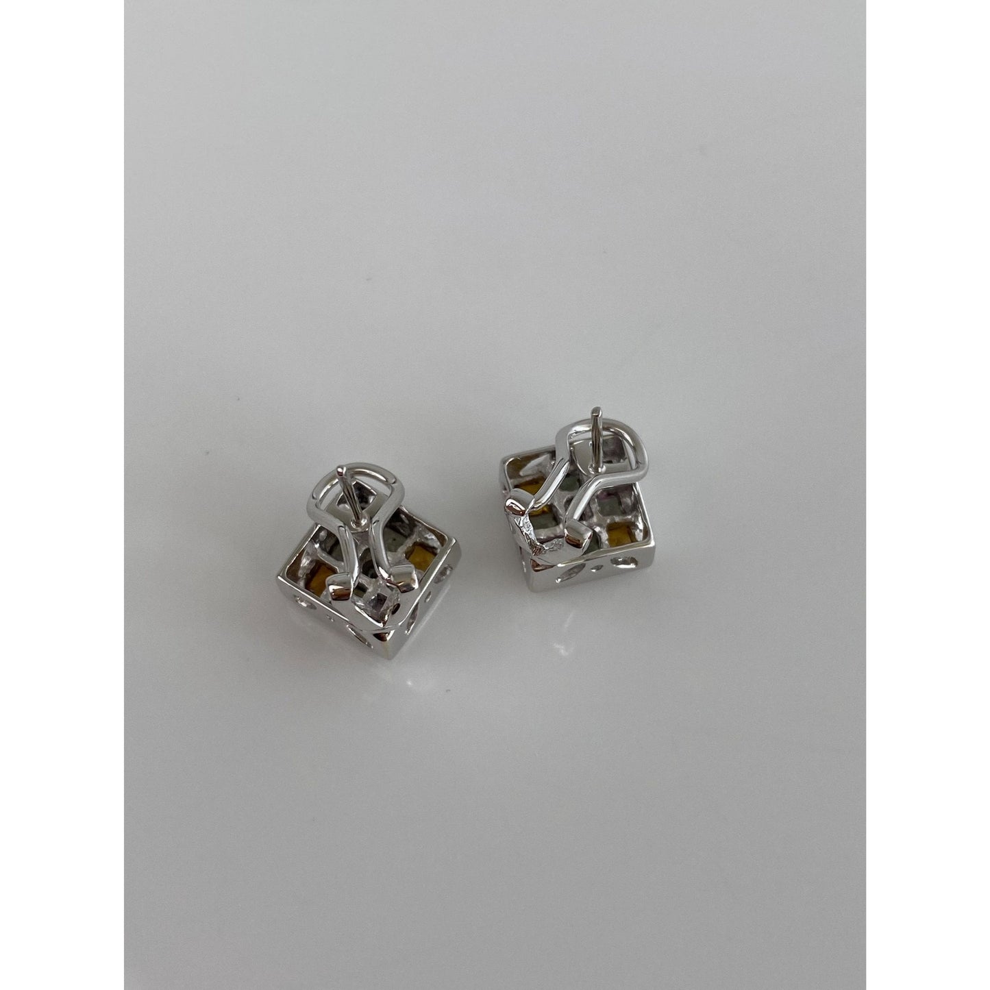 Solid 14k White Gold Diamond Colored Sapphire Square Stud Earrings