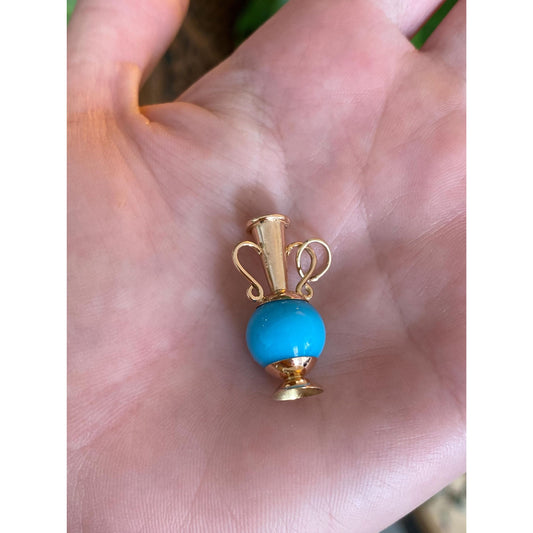 Vintage Solid 14k Rose Gold Turquoise Vase Vessel Charm