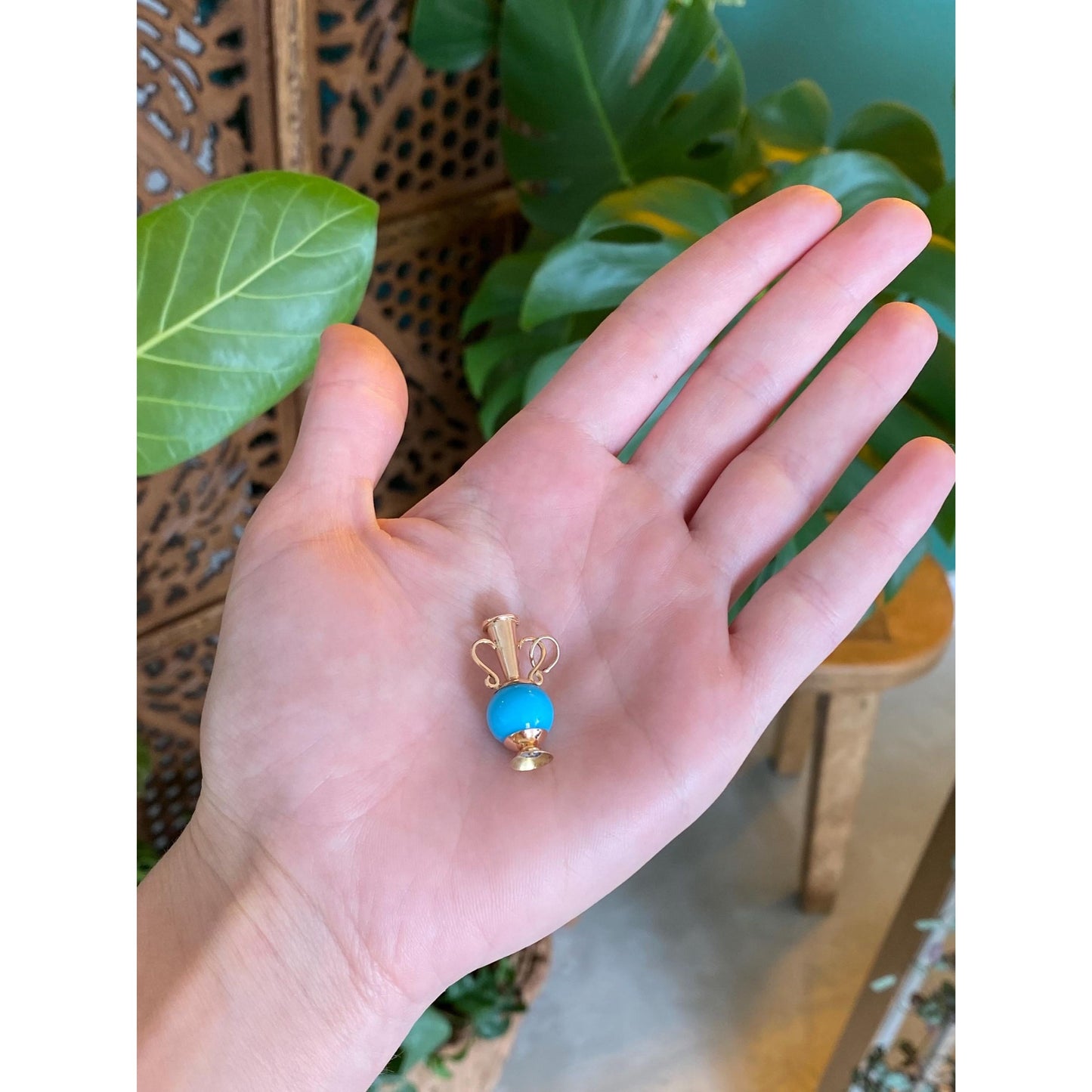 Vintage Solid 14k Rose Gold Turquoise Vase Vessel Charm