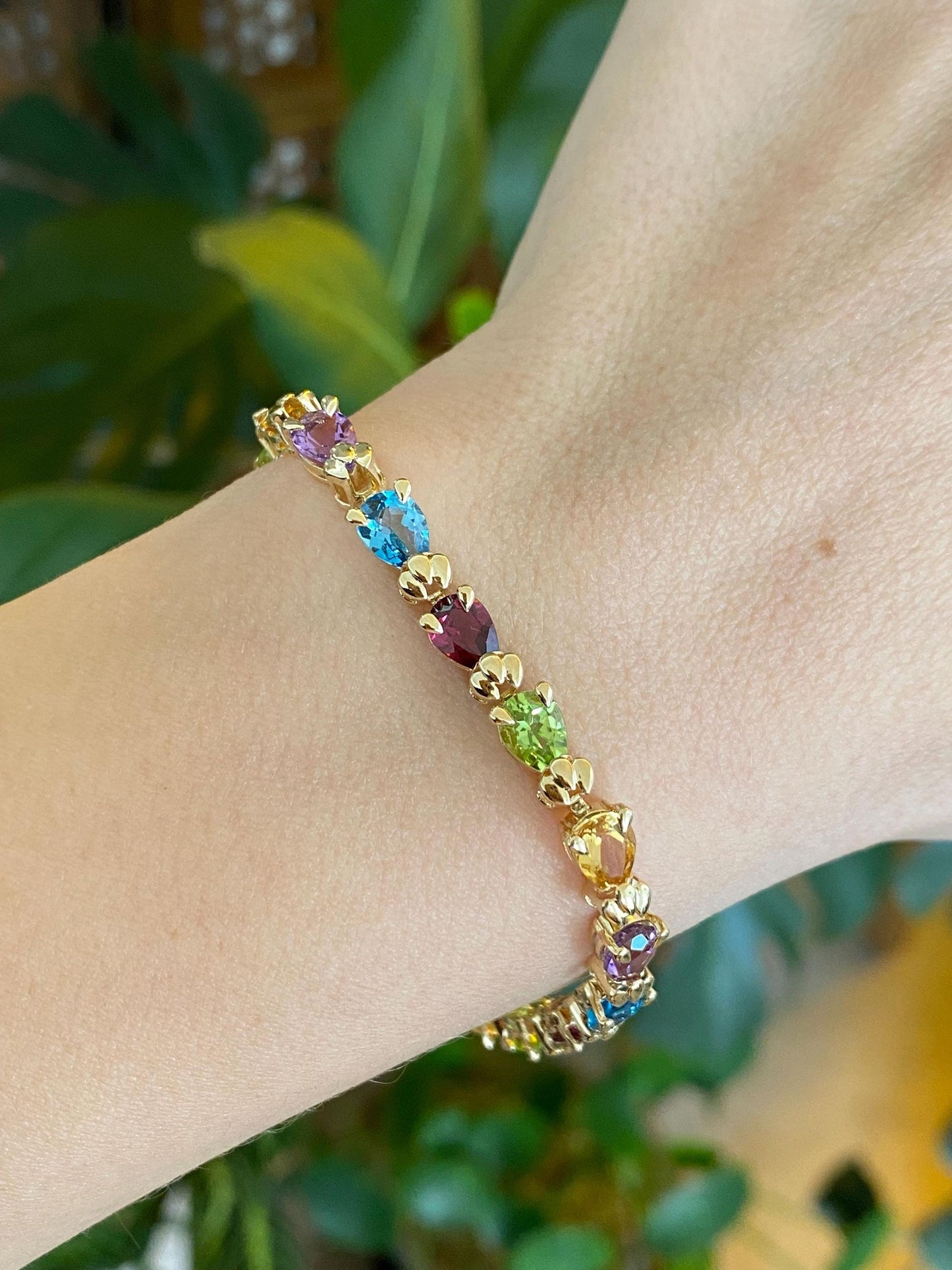 Vintage Solid 14k Yellow Gold Garnet Amethyst Peridot Citrine Topaz Link Bracelet - 6.75 inches