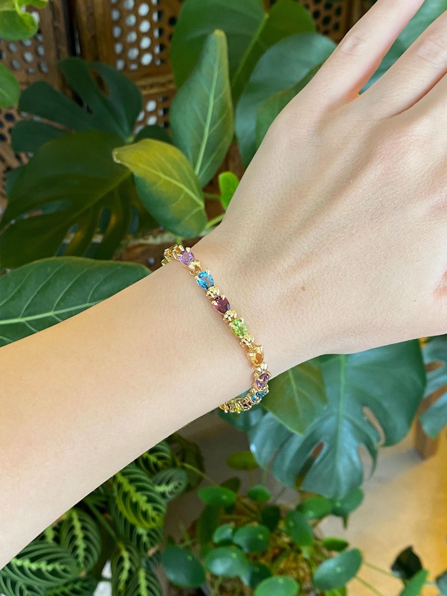 Vintage Solid 14k Yellow Gold Garnet Amethyst Peridot Citrine Topaz Link Bracelet - 6.75 inches