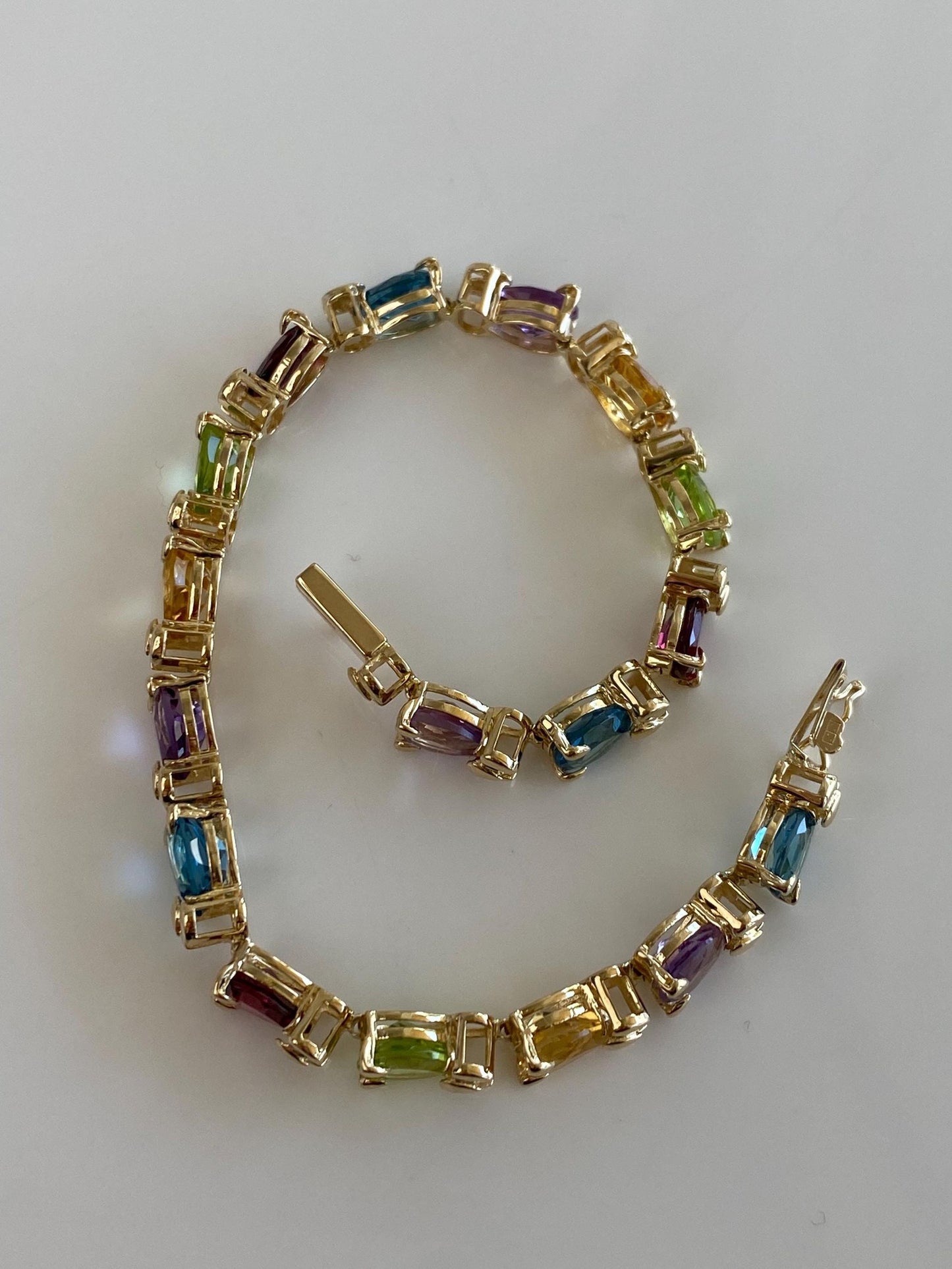 Vintage Solid 14k Yellow Gold Garnet Amethyst Peridot Citrine Topaz Link Bracelet - 6.75 inches