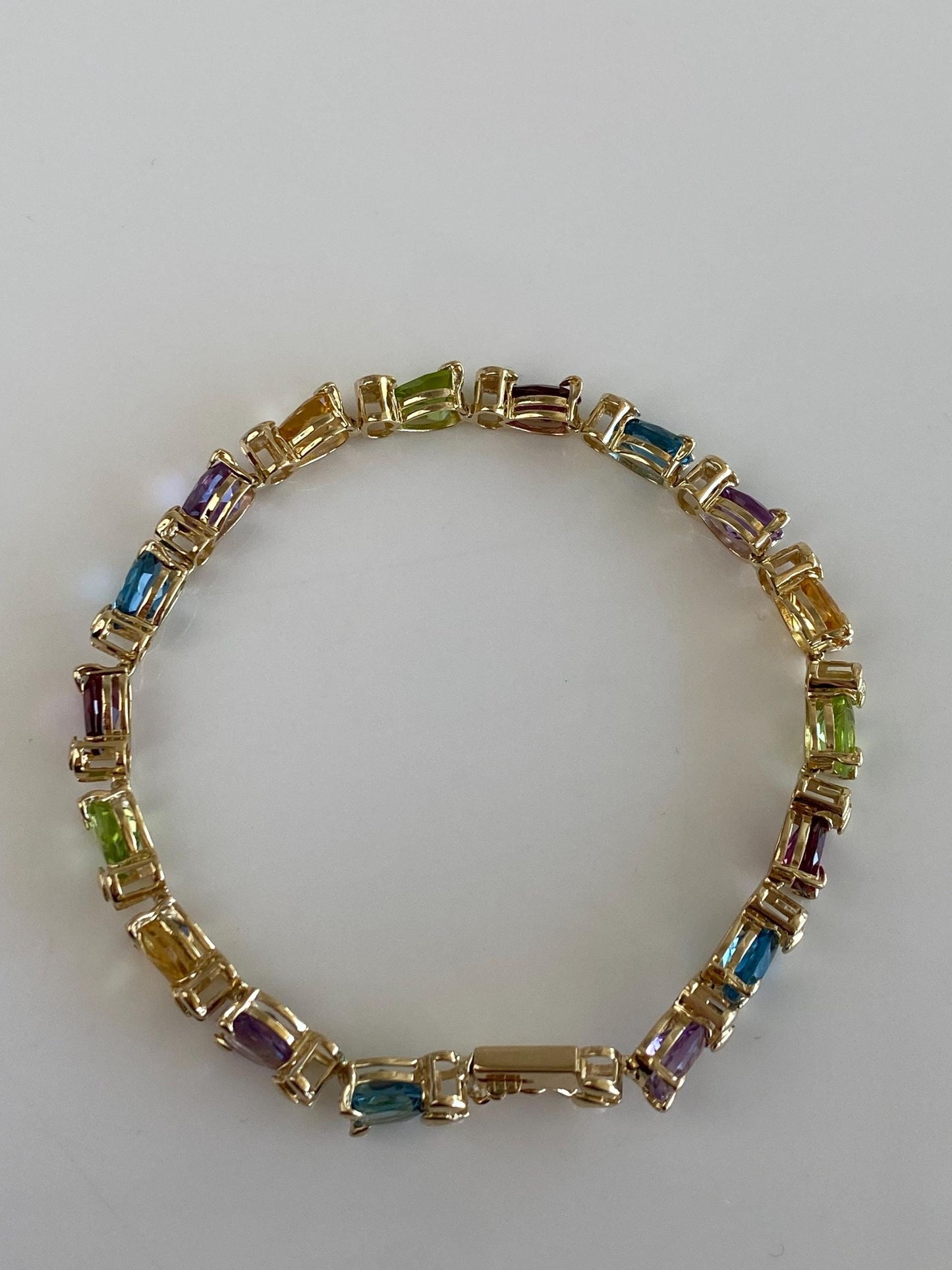 Vintage Solid 14k Yellow Gold Garnet Amethyst Peridot Citrine Topaz Link Bracelet - 6.75 inches