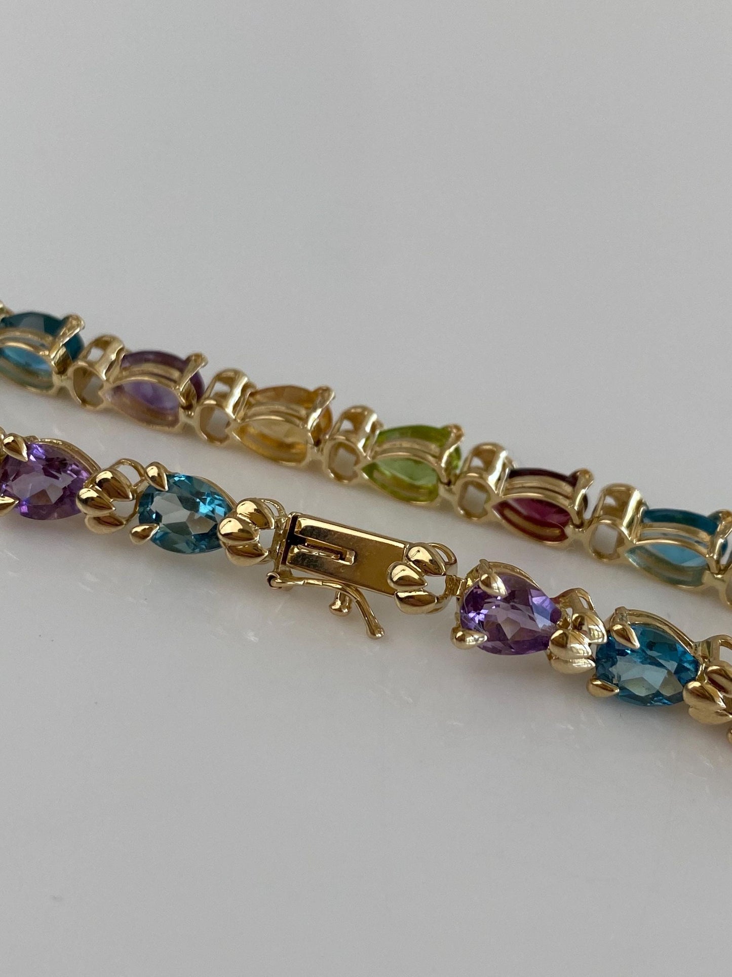 Vintage Solid 14k Yellow Gold Garnet Amethyst Peridot Citrine Topaz Link Bracelet - 6.75 inches