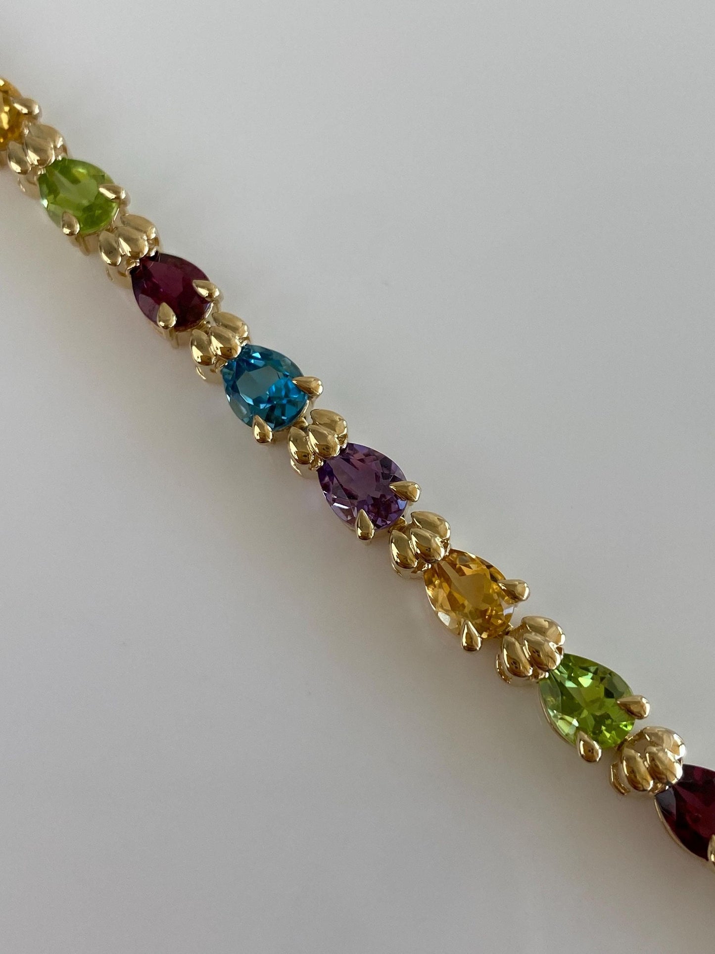 Vintage Solid 14k Yellow Gold Garnet Amethyst Peridot Citrine Topaz Link Bracelet - 6.75 inches