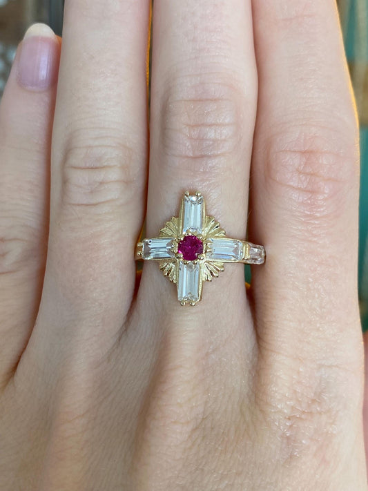 Vintage Solid 10k Yellow Gold Pink Sapphire Clear Cubic Zirconia Cross Ring - Size 7.75