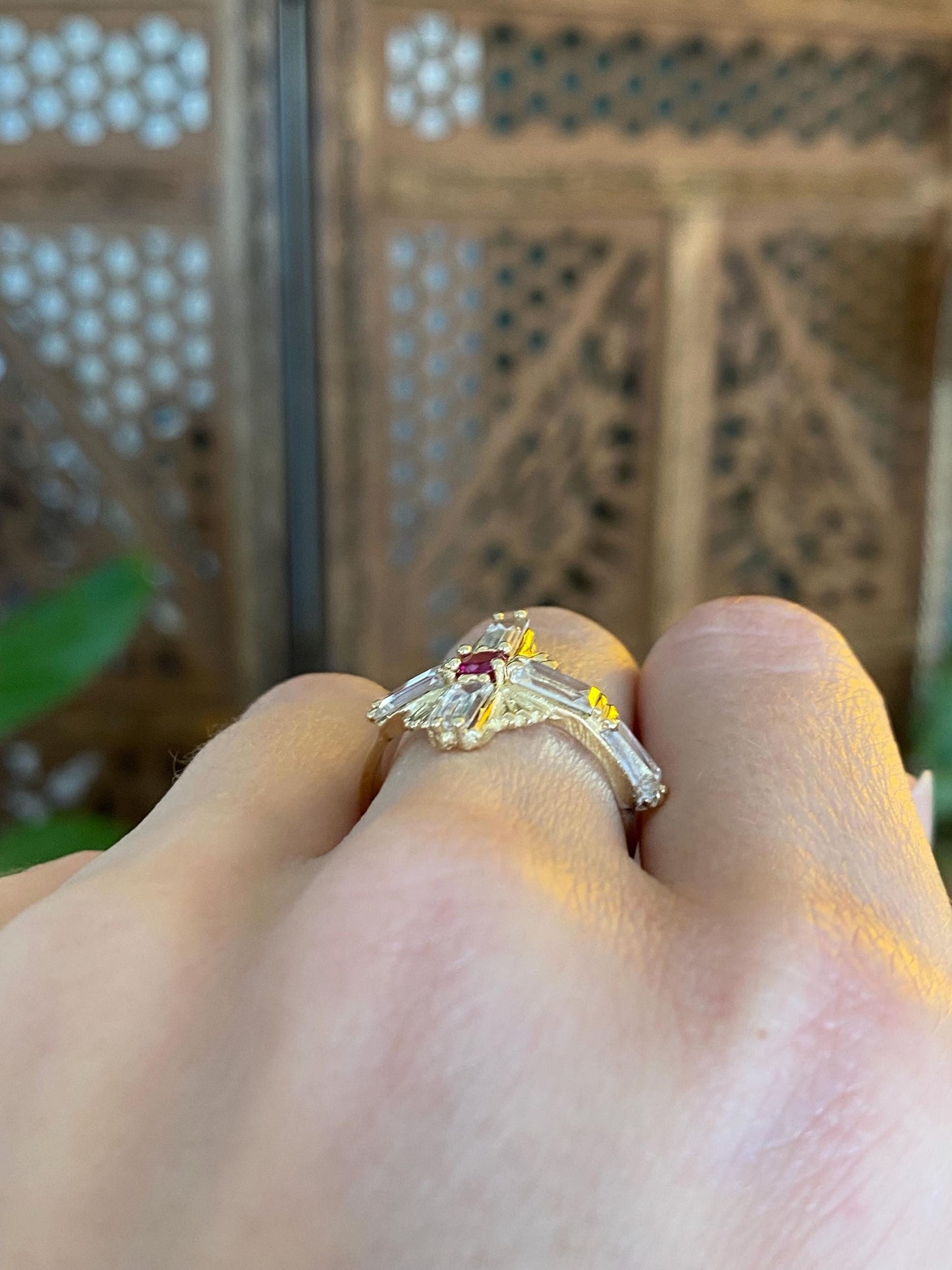 Vintage Solid 10k Yellow Gold Pink Sapphire Clear Cubic Zirconia Cross Ring - Size 7.75