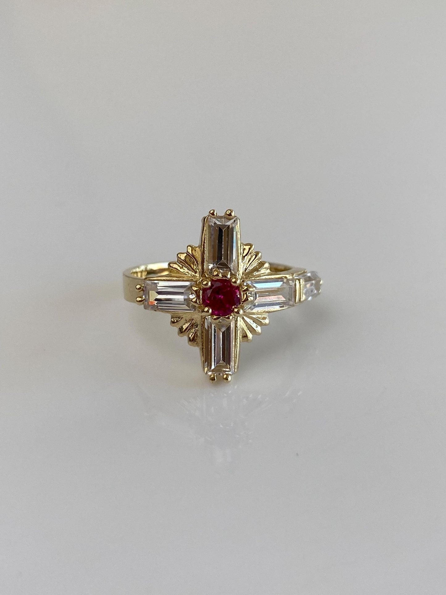 Vintage Solid 10k Yellow Gold Pink Sapphire Clear Cubic Zirconia Cross Ring - Size 7.75