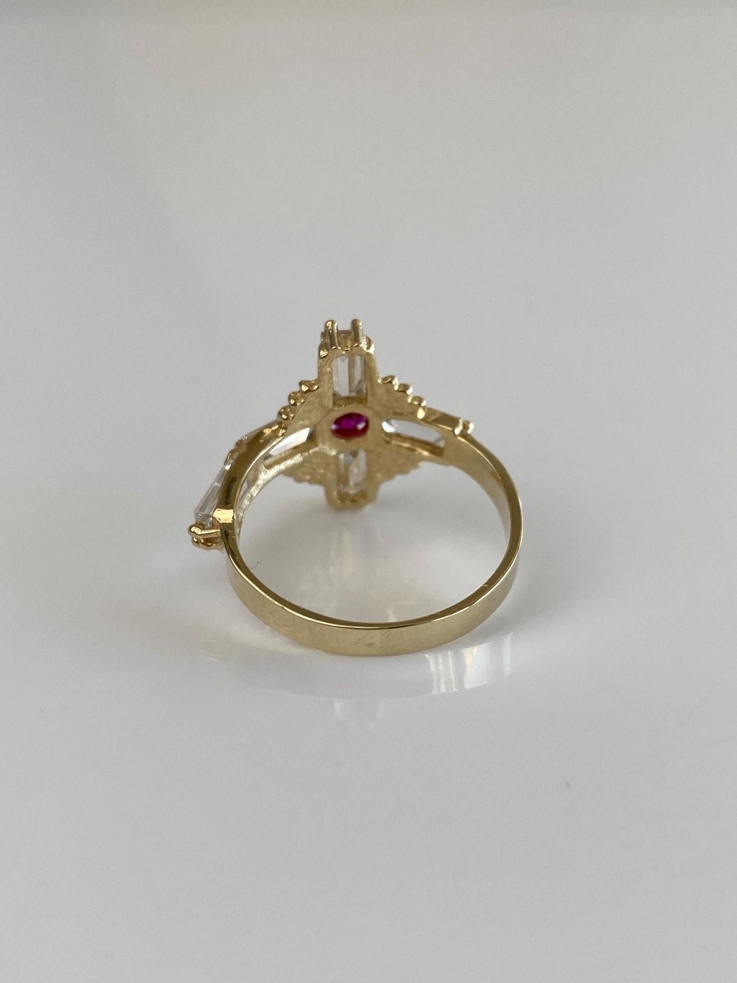 Vintage Solid 10k Yellow Gold Pink Sapphire Clear Cubic Zirconia Cross Ring - Size 7.75