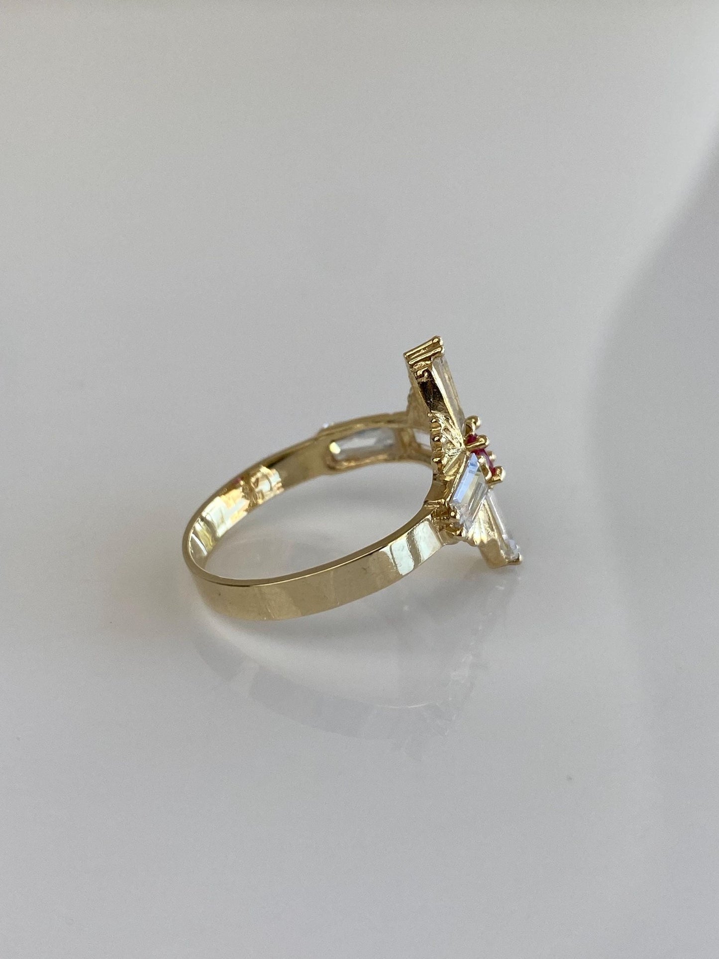Vintage Solid 10k Yellow Gold Pink Sapphire Clear Cubic Zirconia Cross Ring - Size 7.75
