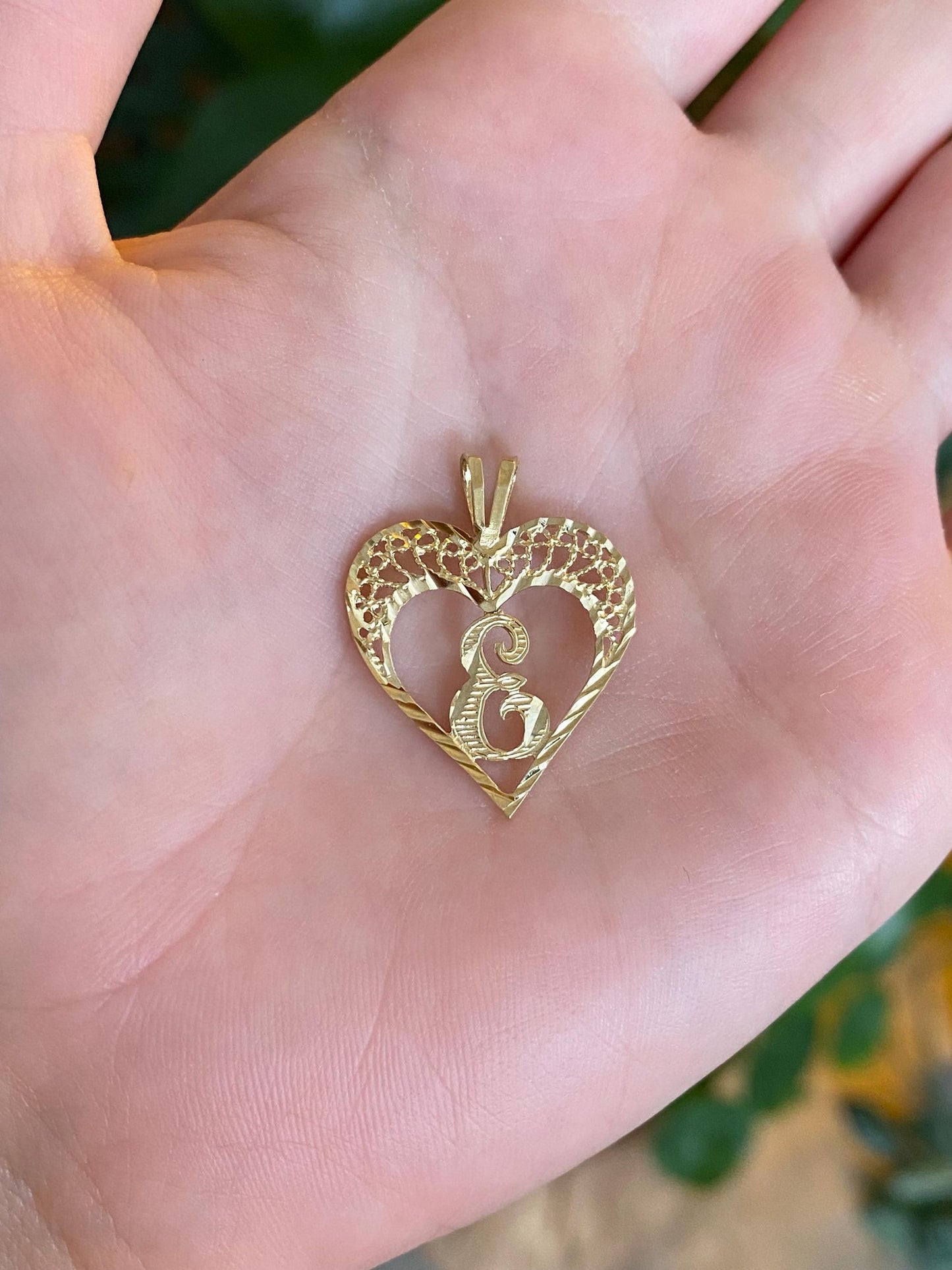 Solid 10k Yellow Gold Filigree Diamond Cut Initial 'E' Heart Charm