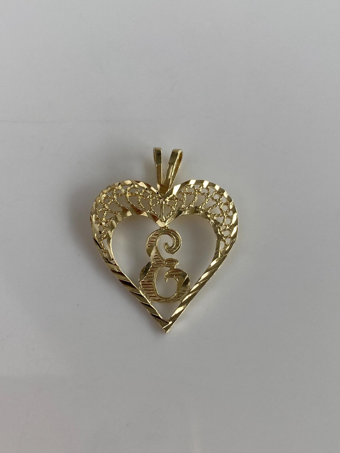 Solid 10k Yellow Gold Filigree Diamond Cut Initial 'E' Heart Charm