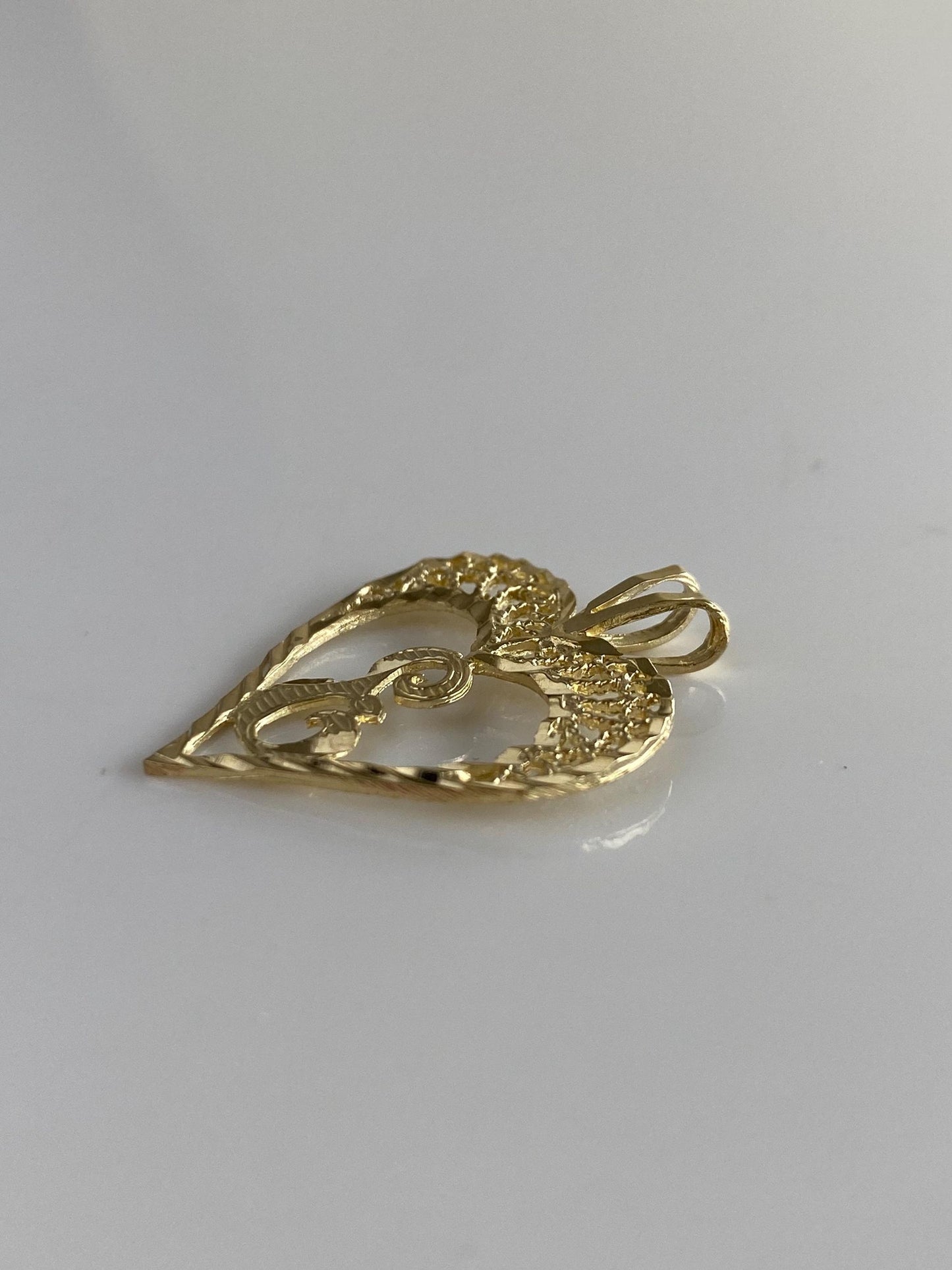 Solid 10k Yellow Gold Filigree Diamond Cut Initial 'E' Heart Charm