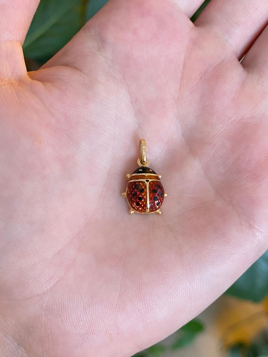 Vintage 18k Yellow Gold Red & Black Enamel Ladybug Charm