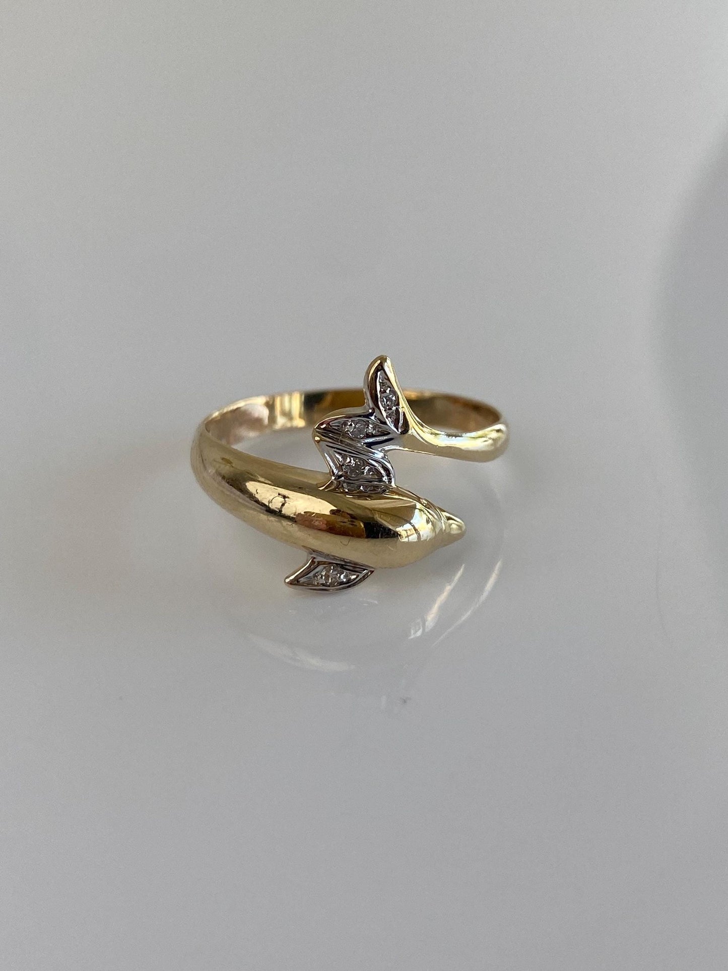 Vintage Solid 10k White & Yellow Gold Diamond Dolphin Ring - Size 8.25