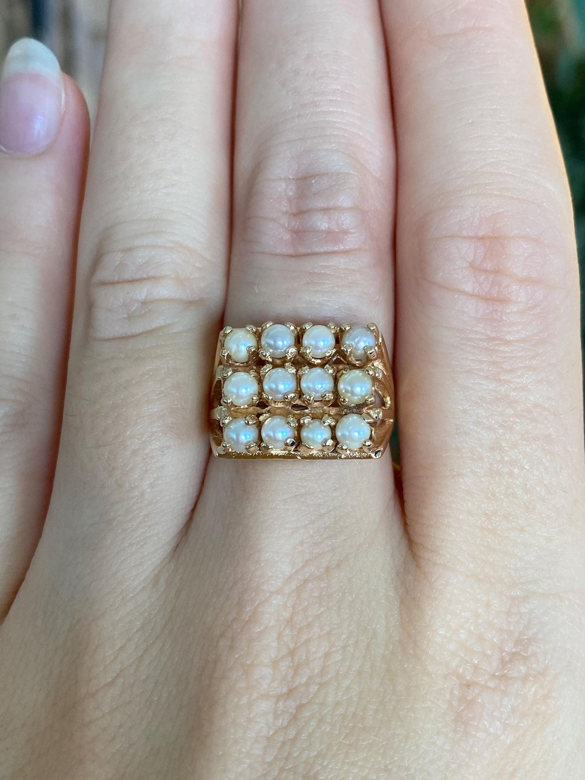 Vintage Solid 14k Yellow Gold Pearl Rows Ring - Size 6.75